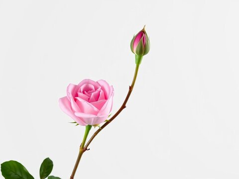 Delicate pink rose with two buds on one stem, isolated on white background, simple, vector