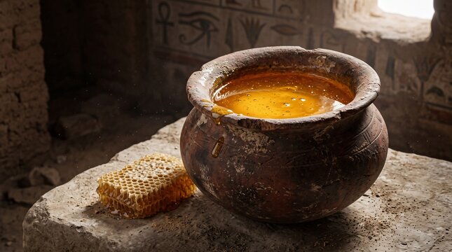 Ancient Egyptian Ceramic Vessel with Golden Honey.