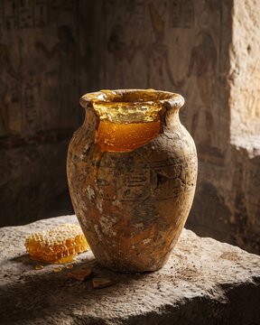 Ancient Egyptian Ceramic Vessel with Golden Honey.