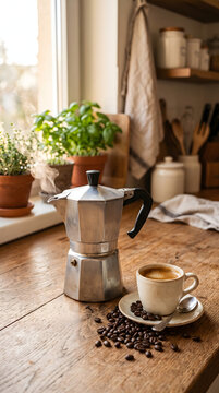 Classic Italian moka pot coffee maker on a cozy kitchen counter.