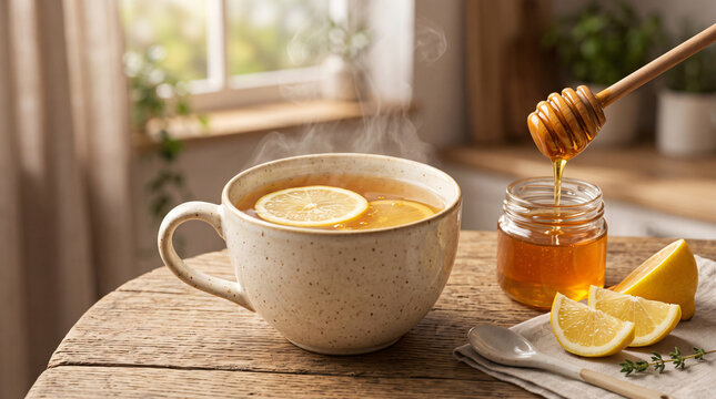 Glass mug with hot honey and lemon.