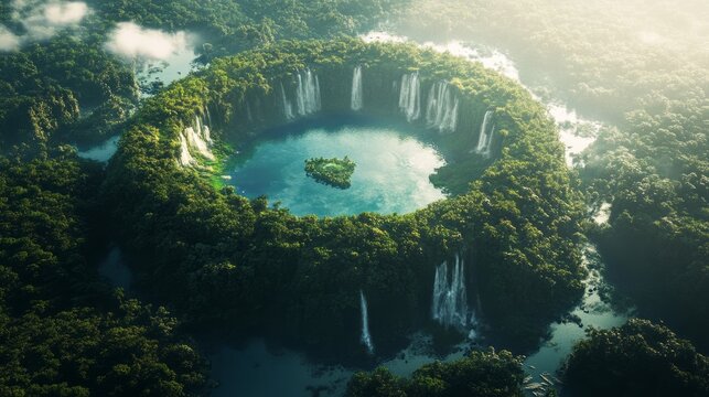 Aerial view of futuristic circular eco resort with turquoise lagoon forest walls waterfalls showing sustainable architecture luxury nature tourism green technology and environmental harmony concept