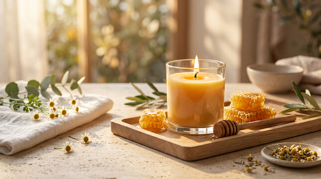 Handmade Beeswax Candle with Natural Honeycomb.