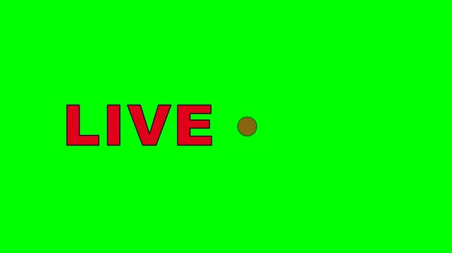Red live broadcast text sign with blinking dot on green screen