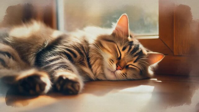 Fluffy cat sleeping by window in slow motion ground level view