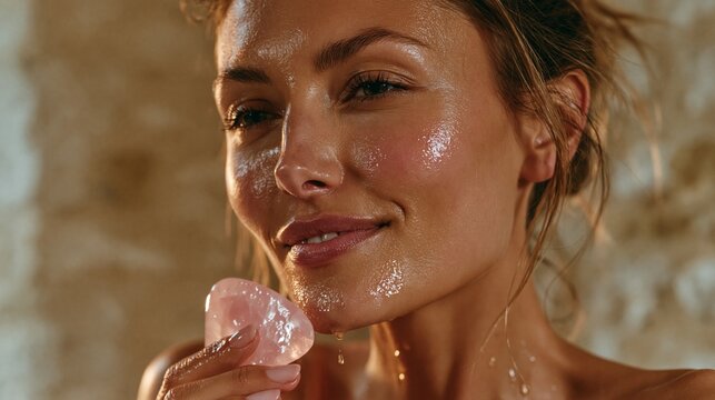 Close up of woman using rose quartz gua sha tool on jawline