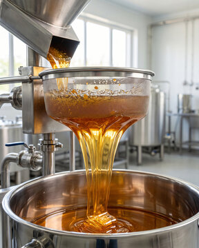 Pure Honey Filtering Through Stainless Steel Mesh.