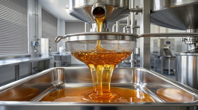 Pure Honey Filtering Through Stainless Steel Mesh.