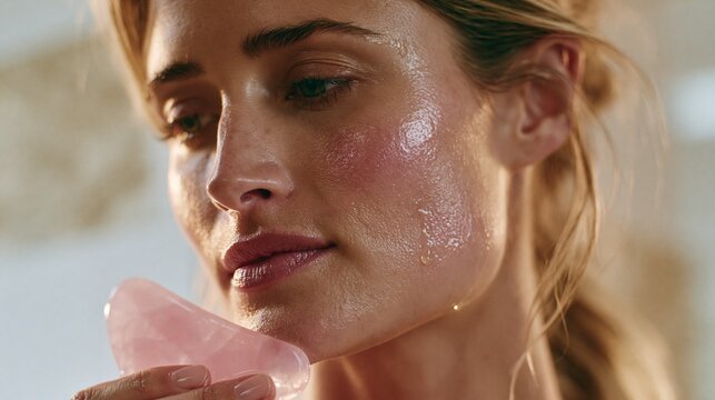 Close up of woman using rose quartz gua sha tool on jawline
