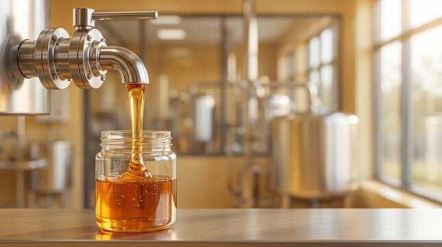 Pure Honey Flowing into a Glass Jar During Bottling.