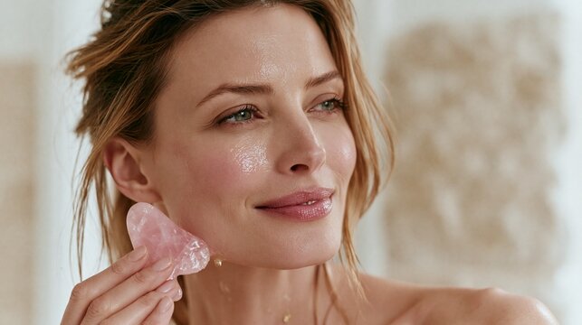 Close up of woman using rose quartz gua sha tool on jawline
