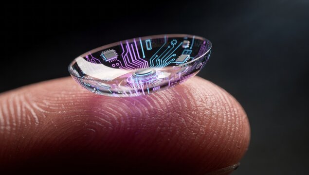 Extreme macro shot of transparent contact lens balanced on fingertip with colorful neon reflections soft bokeh background futuristic vision optics precision healthcare technology detail high clarity