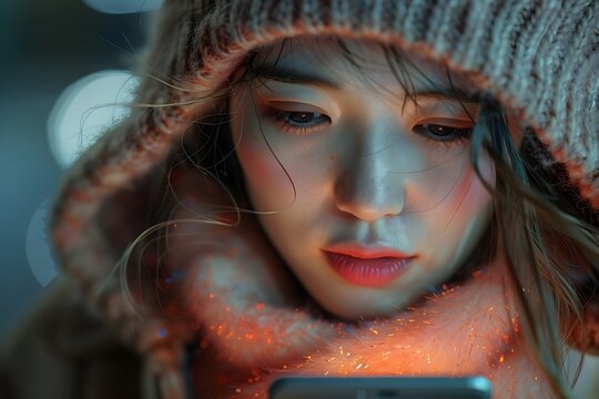 A young woman bundled in a knitted hat and scarf gazes thoughtfully at the warm glowing screen of her mobile phone at night