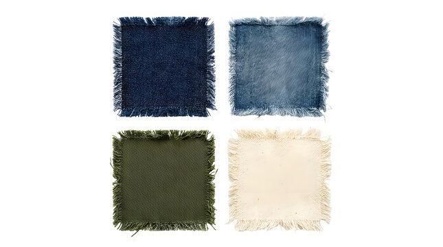 Distressed denim fabric patches with frayed edges for design.