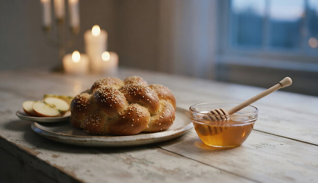 Rosh Hashanah Table with Challah Bread and Honey
