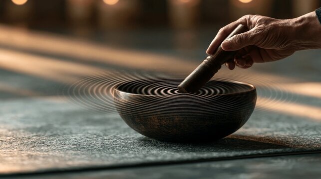 Tibetan metal singing bowl on yoga mat sound healing therapy