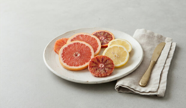 Plate of freshly sliced citrus fruits on a table
