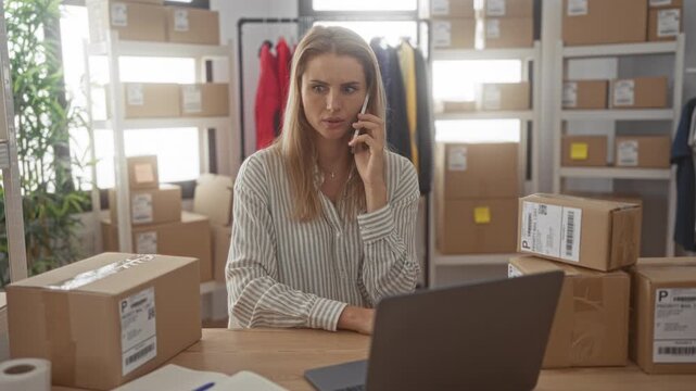 Woman holding phone to ear while checking shipping boxes and laptop at a building packing desk, hands on labels and tape; concerned focus.