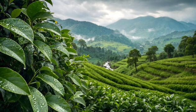 Lush green tea garden plantation on rolling hills with misty mountain landscape background