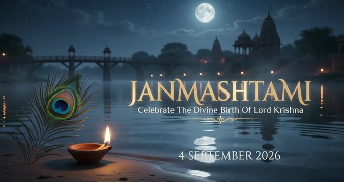 Janmashtami celebrate the divine birth of Lord Krishna horizontal greeting card or banner with peacock feather, diya oil lamp, river, and temple under moonlight on September 4, 2026