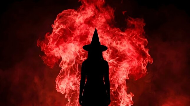 Silhouette of a Mysterious Witch Standing Before Intense Roaring Red Flames and Dark Smoke
