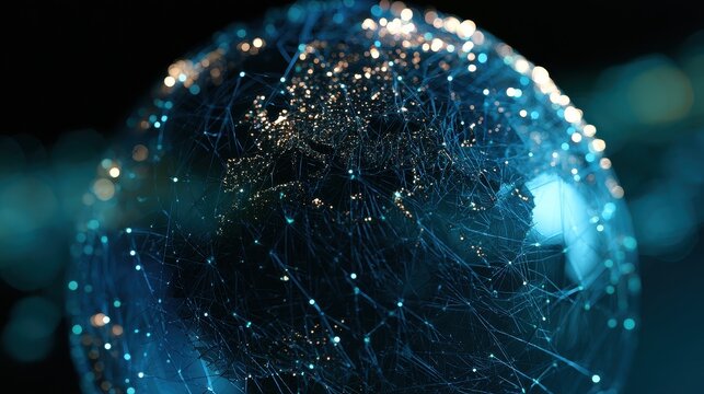 A high-tech wireframe globe with glowing hotspots symbolizing data exchange, side view, visualizing global tech infrastructure, futuristic tone, Tetradic color scheme.