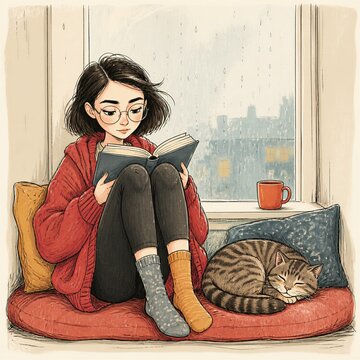 Woman with glasses reading a book beside a sleeping cat on a cozy sofa during a rainy day. Relaxed hipster lifestyle, home comfort, reading and leisure concept.