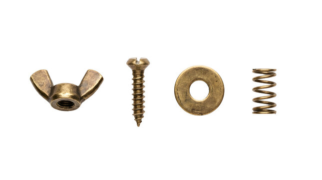 Metal hardware set with screw nut washer and spring elements.