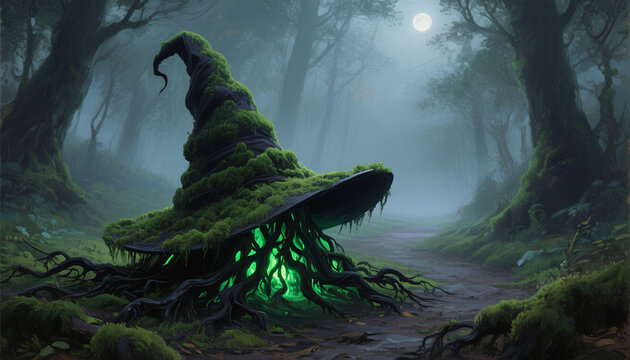 Enchanted moss-covered wizard hat glowing in a misty forest  