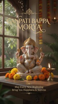 Ganpati Bappa Morya May Every New Beginning Bring You Happiness & Success vertical video template or greeting banner with Lord Ganesha statue, marigold flowers, and glowing diya oil lamp by the window