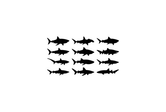 Shark Silhouette Pattern Collection, Small Black Ocean Predator Vector Set
