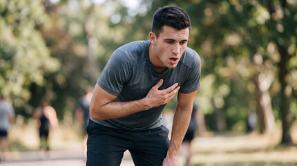 Fototapeta premium Exhausted young male athlete catching his breath and holding his chest after an intense outdoor run for fitness training, cardiovascular health, and sports endurance concepts