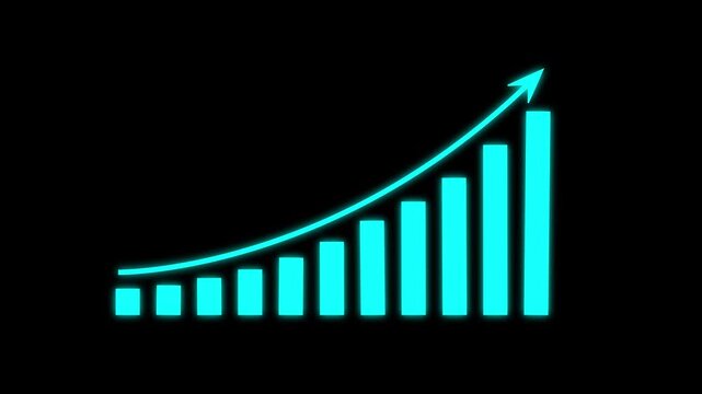 Digital business bar chart animation with steadily rising arrow icon. Illustrating strong revenue growth, financial success, positive analytics, long-term market development. business graph success 4k