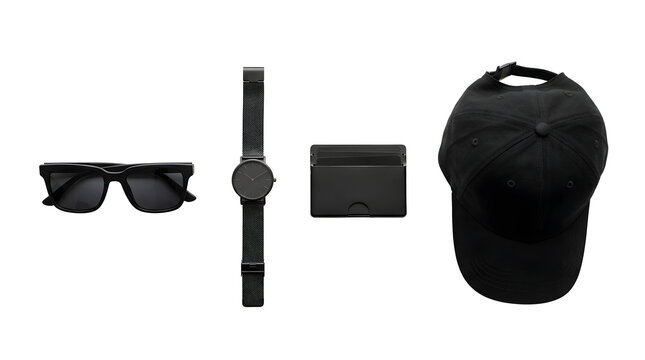 Set of black accessories including watch sunglasses cap wallet.