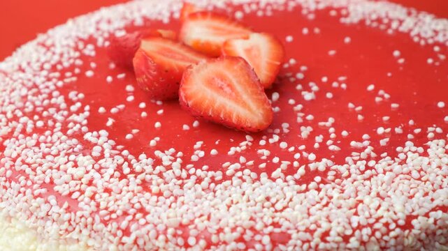 Strawberry jelly cake topping with fresh fruit slices for bakery and recipe menu