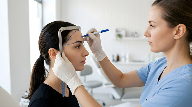 Trichologist drawing surgical lines on patient forehead for hair transplant procedure planning