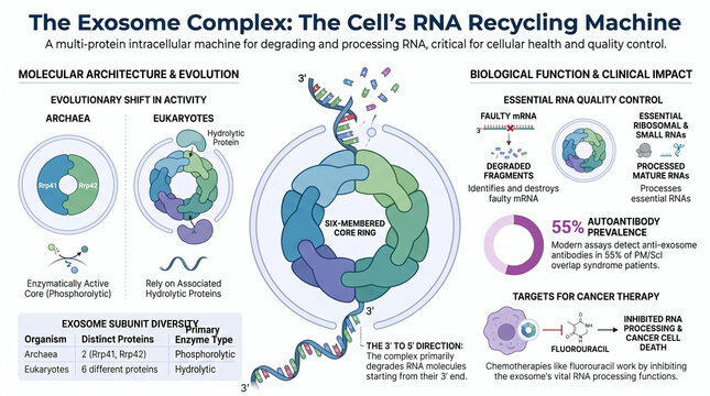 Educational infographic exploring the exosome complex, its RNA degradation machinery, molecular structure, functions and role in gene regulation.