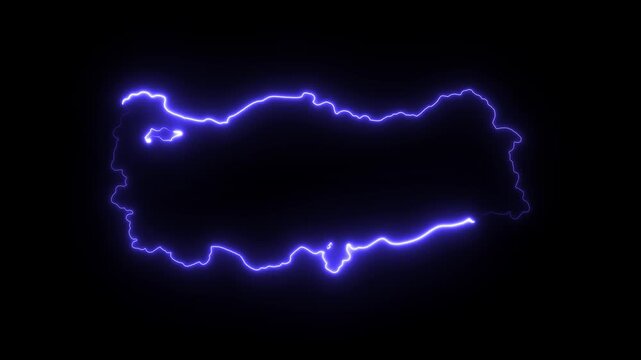 Glowing neon map of turkey outline, pulsing electric blue light effect on black background