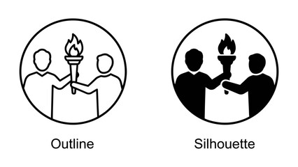 Fototapeta premium Torchbearers: Two figures, one outlined and one silhouetted, pass a lit torch, symbolizing the transfer of knowledge, legacy, and continuous progress.