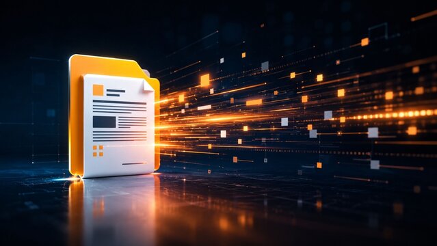 High Speed Digital Data Transfer and Document Management System with Glowing Folder Icon on Dark Background