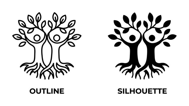 Tree of Life: Two symbolic human figures with arms raised in celebration are integrated with the roots and branches of a tree, symbolizing growth, connection, and life's journey.