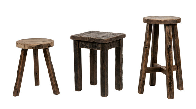 Three rustic wooden stools for seating in vintage home decor.