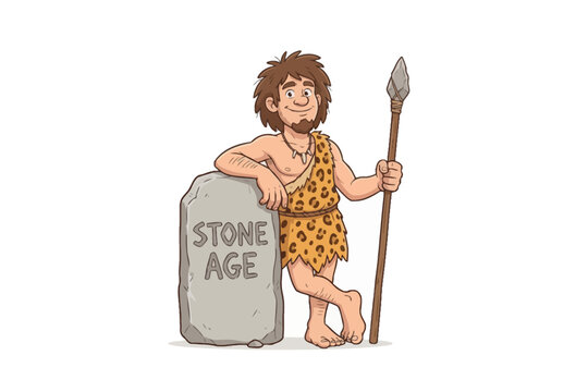 Caveman Holding Spear Leaning on Stone Age Tablet