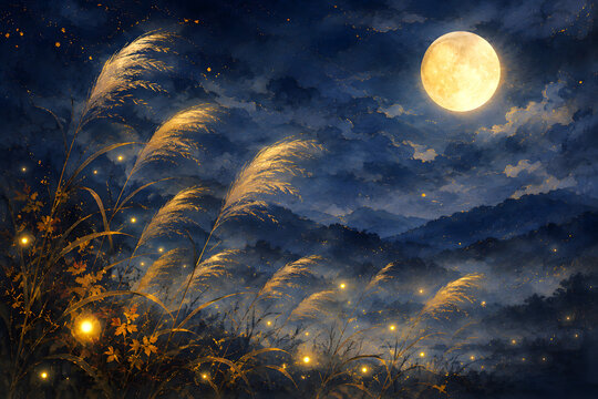 Dreamy Japanese Autumn Night with Moonlit Pampas Grass and Fireflies