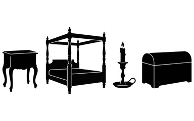 Fototapeta premium A collection of vintage furniture silhouettes including a four poster bed a bedside table a candle holder and a chest