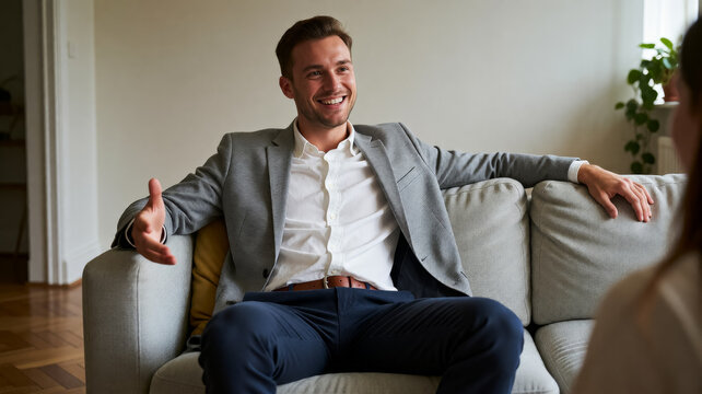 Smiling man in casual suit relaxes on couch, engaging with unseen person