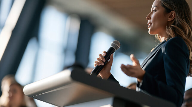 Cropped side profile of a professional woman in a suit giving a speech at a bright clean well lit conference public speaking concept business presentation leadership