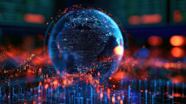 Advanced digital globe built from light pixels hovering over virtual trading floor cyberpunk colors real time stock waves AI finance network futuristic business vision high clarity