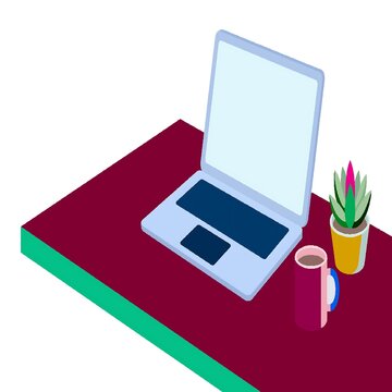 Isometric laptop computer with plant and coffee on a red desk surface