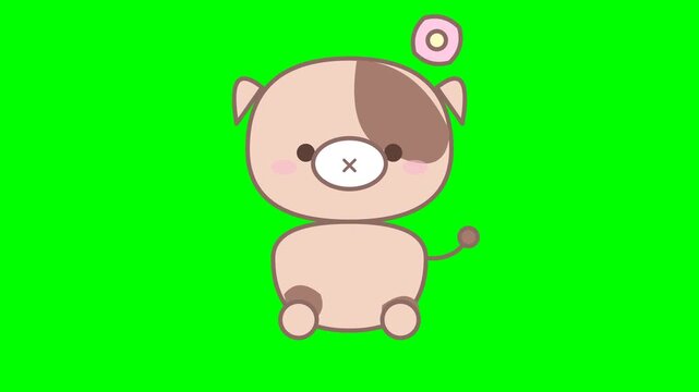Cute cartoon dog character sits centrally against a bright green chroma key backdrop.
